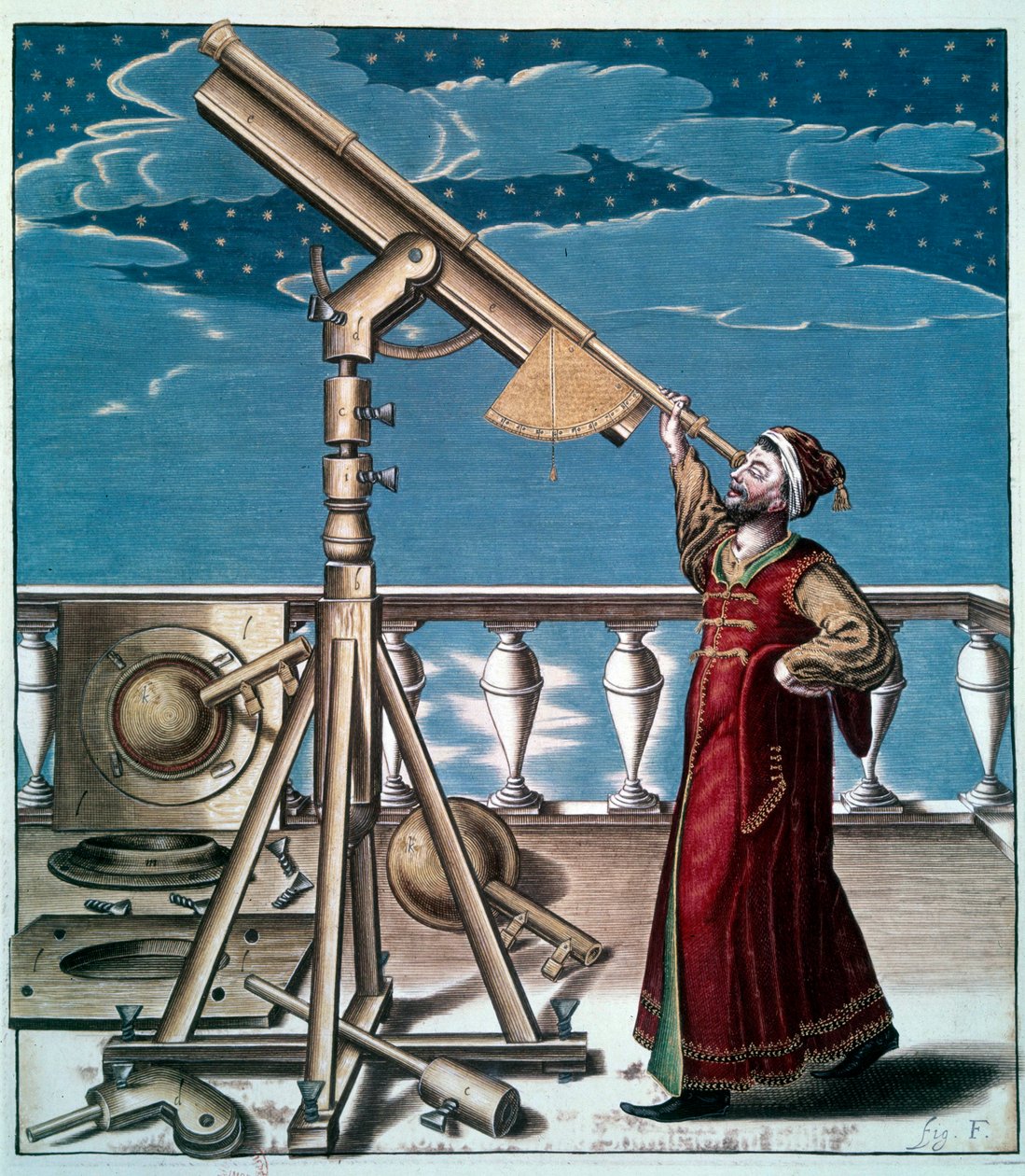 El astrónomo: un hombre observa las estrellas con el telescopio - Grabado del siglo XVII - París, B.N. de Unknown artist