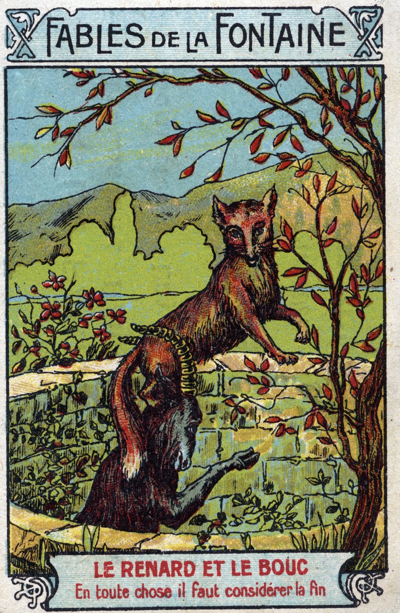 Le Fox et le Bouc - Fábulas de Jean de La Fontaine (1621-95) - Cromolitografía de finales del siglo XIX. Colección privada. de Unknown artist