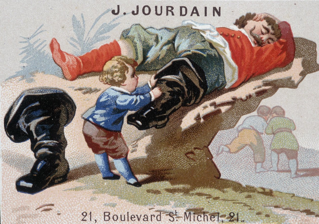 Le Petit Poucet se quita las botas de siete leguas con el ogro dormido - Etiqueta publicitaria Jourdain de Unknown artist
