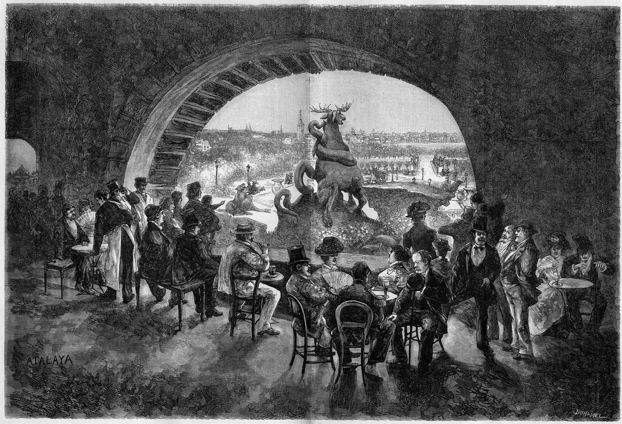 El fondo de la cascada del jardín del Trocadero durante el calor en París donde los paseantes parisinos vienen a sentarse al fresco. Grabado en "Le Monde Illustré" de Unknown artist