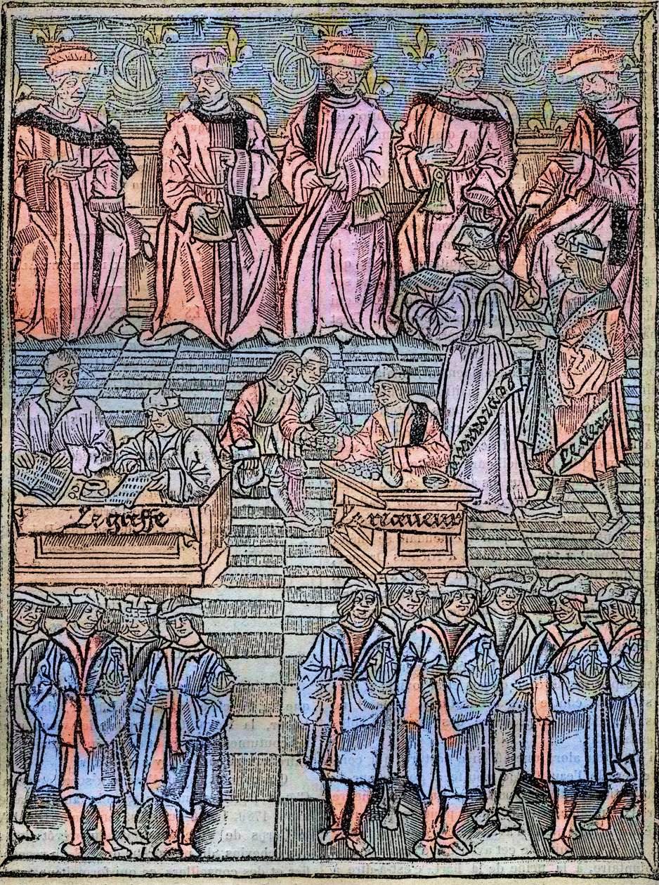 Le prevot des marchands et les echevins de Paris au 16eme siècle grabado después del original de 1528 - Preboste de comerciantes y concejales de París, escena de recaudación de impuestos, portada de 