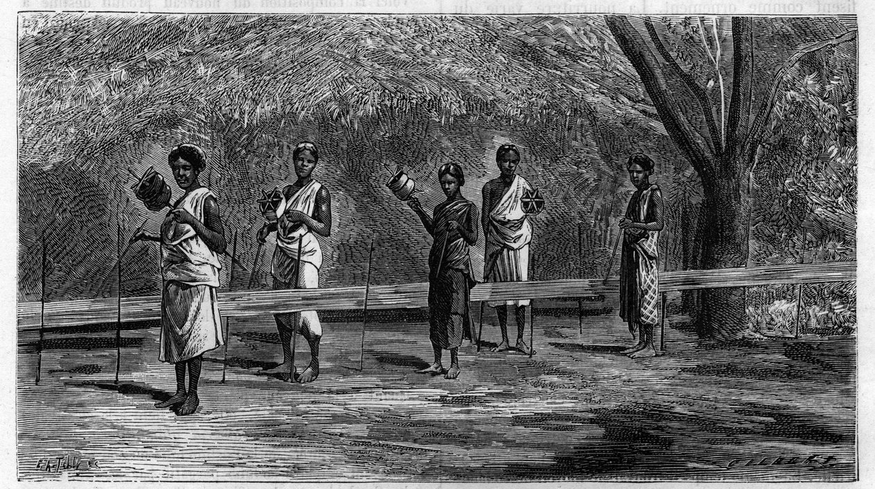 El tejido en las Indias: preparación de los hilos de la cadena (operación de urdido) Grabado de 1883. en “La Nature. Revista de ciencias y sus aplicaciones a las artes e industria.” de Unknown artist