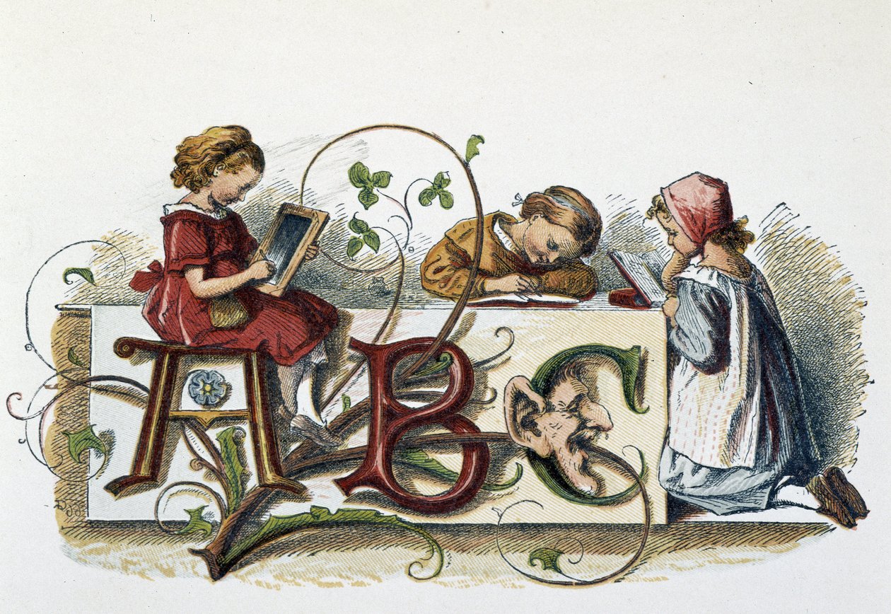 Lectura y escritura de los niños - en “Les jeux des enfants”, ed. Londres, George Ronthedge and sons, finales del siglo XIX de Unknown artist