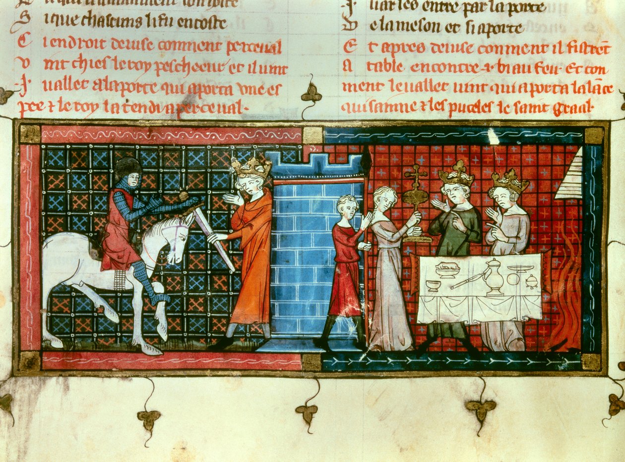 Perceval recibiendo una espada del Rey Pescheor. Procesión del Santo Grial. Miniatura de 