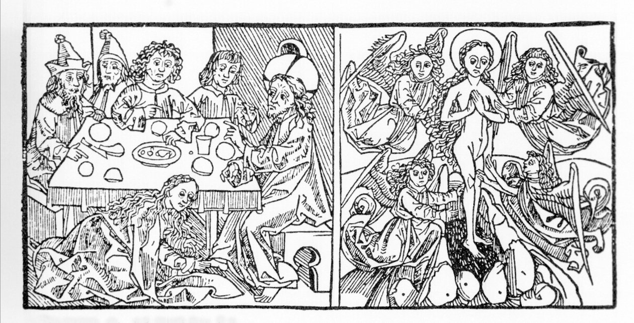 Izquierda: Santa María Magdalena seca los pies de Jesús con su cabello. Derecha: Santa María Magdalena asciende al Cielo. Manuscrito de 1488 impreso en Núremberg. Grabado de 
