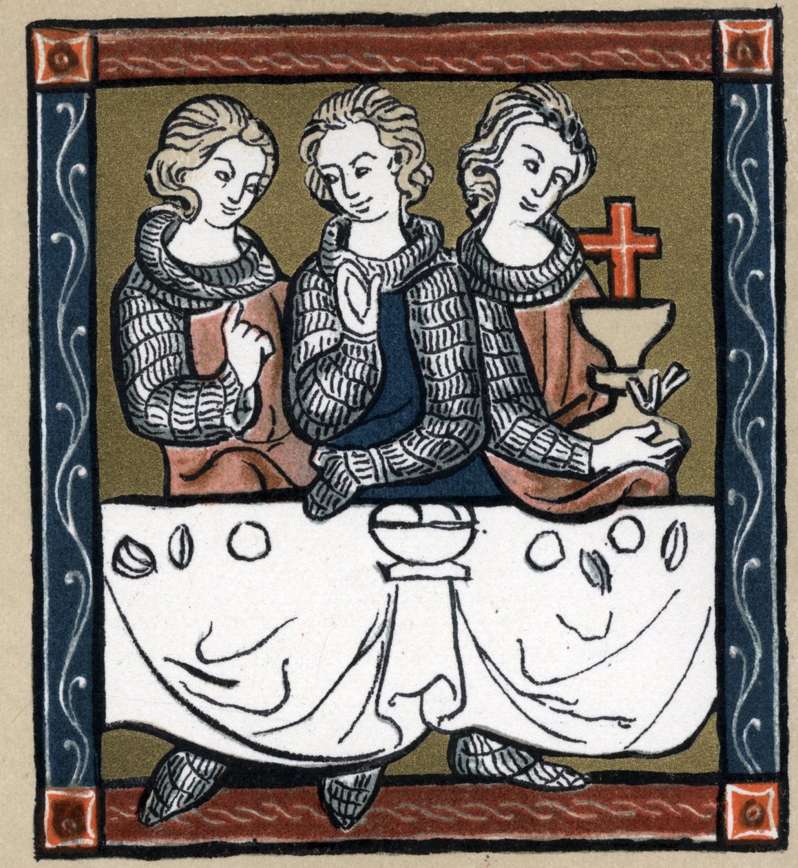Leyenda artúrica: Galahad, Perceval y Bohort con el Santo Grial. de Unknown artist