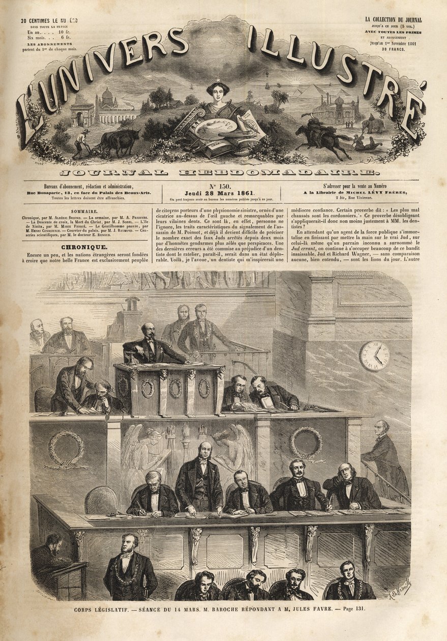 Cuerpo legislativo - sesión del 14 de marzo de 1861 - Pierre Jules Baroche (1802-1870) respondiendo a Jules Favre (1809-1880) - El Universo Ilustre de 1861 de Unknown artist