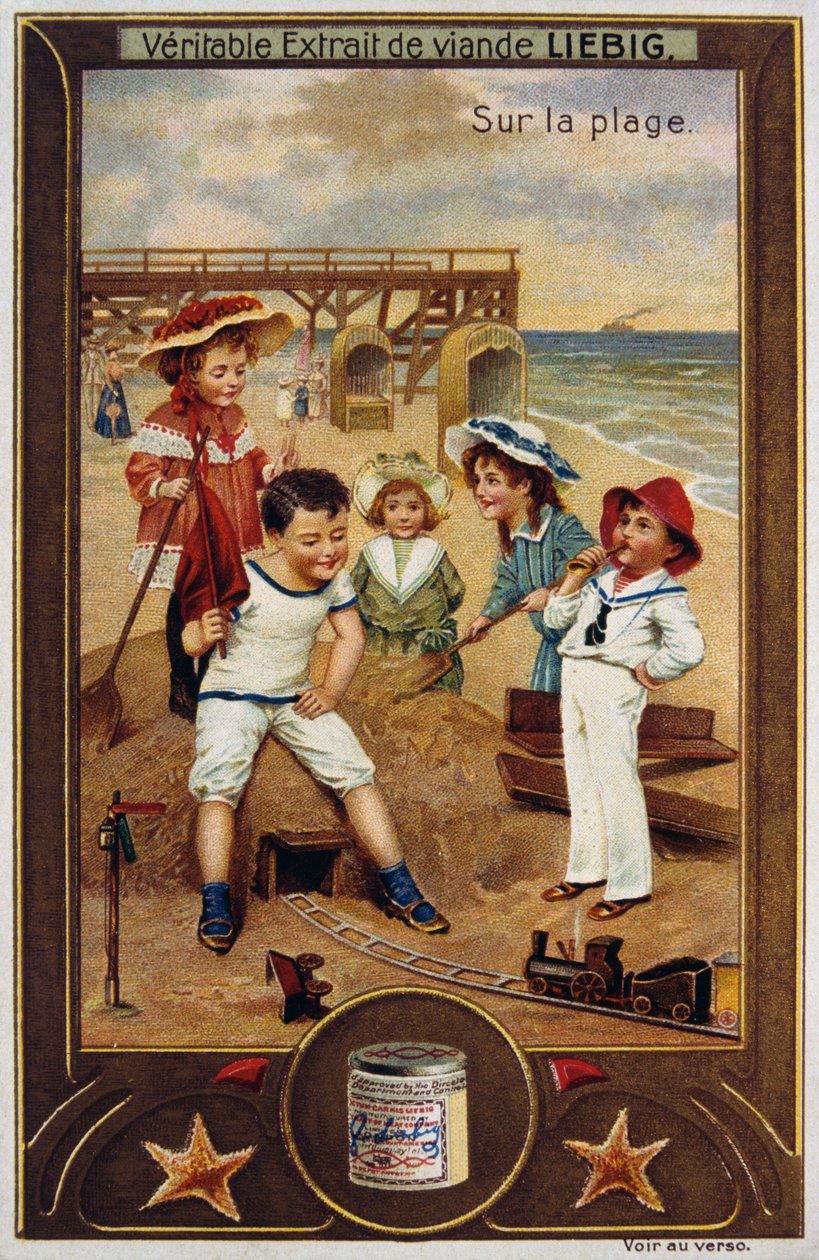 Tarjeta Leibig con niños franceses en la playa 1890 de Unknown artist