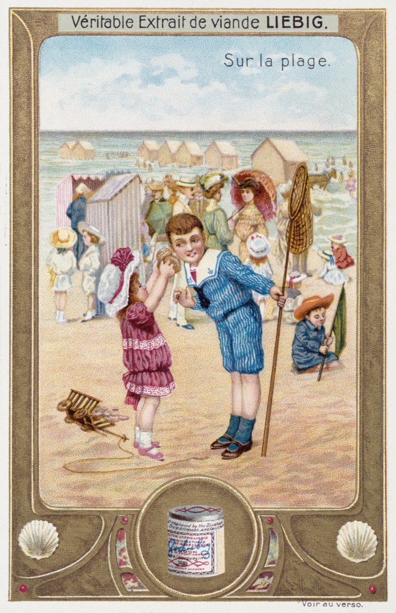 Tarjeta Leibig con niños franceses en la playa 1890 de Unknown artist