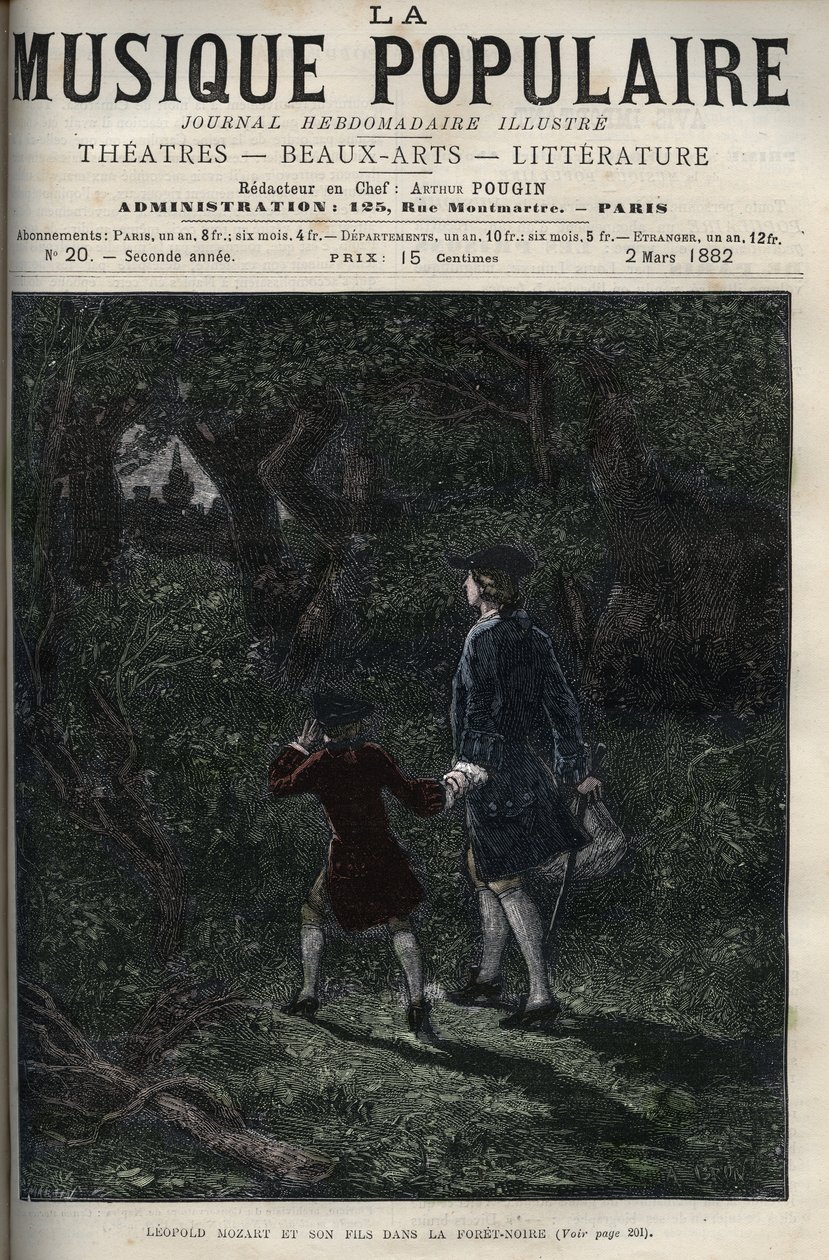 Leopold Mozart y su hijo Wolfgang Amadeus en la Selva Negra - grabado en “Música Popular” - 1882 de Unknown artist