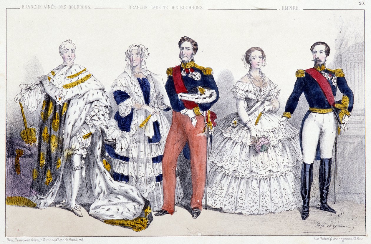 Los Borbones y el Imperio: Carlos X (1757-1836), María Amelia de Borbón Sicilia (1782-1866) y Luis Felipe I (1773-1850), Eugenia de Montijo (1826-1920) Napoleón III (1808-1873) - Placa extraída de Reyes y Reinas de Francia en estampas, París, ed. Sw de Unknown artist