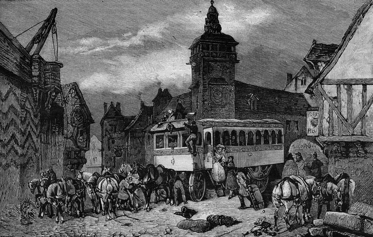 Los Omnibus de París en el siglo XIX: el coche tiene 60 asientos - grabado de 1892 de Unknown artist
