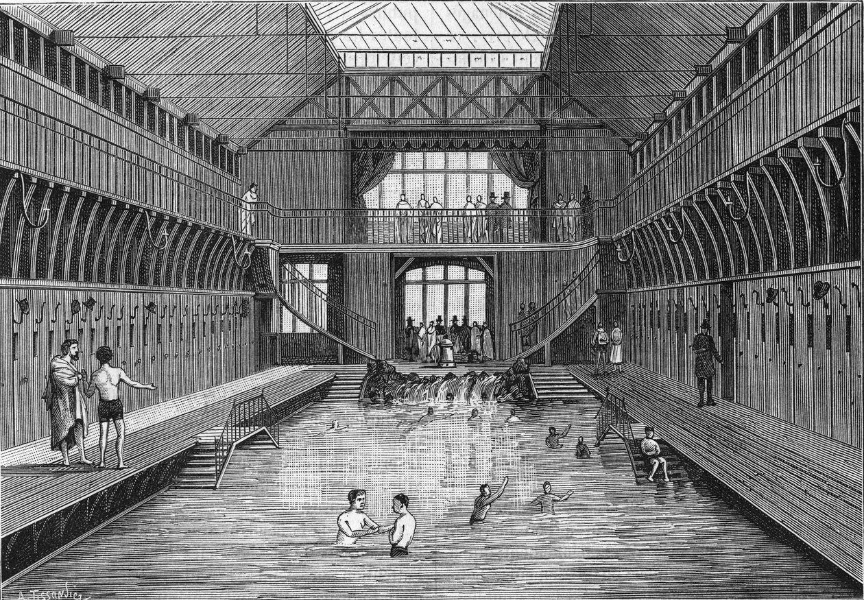 Los baños públicos a buen precio de la rue Chateau-Landon en París en 1884. en “La Nature. Revue des sciences et de leurs applications aux arts et à l