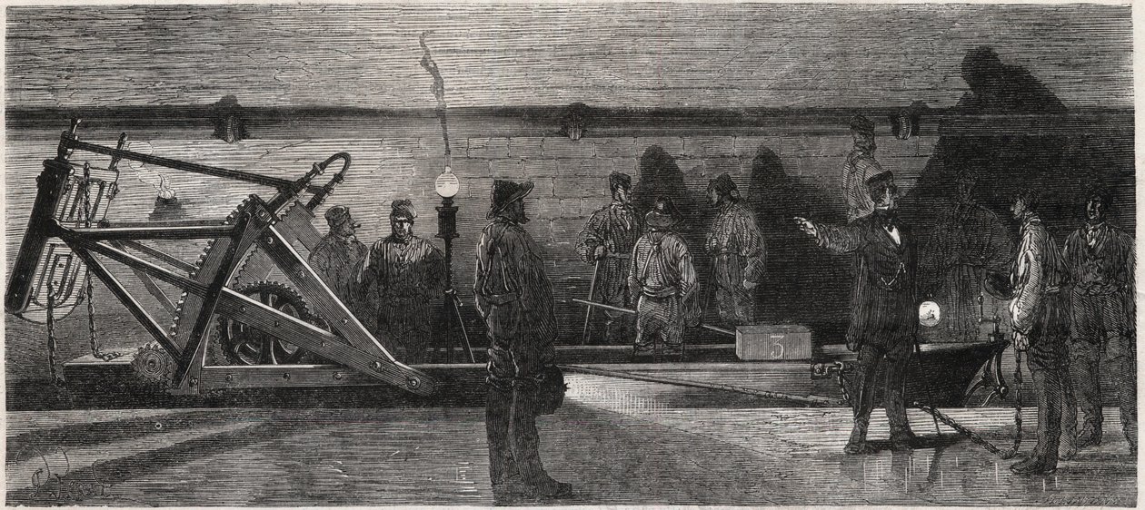 Los desagües de París: un “barco de limpieza” utilizado para limpiar el colector de alcantarillado - Grabado de “Le Monde Illustré” de Unknown artist