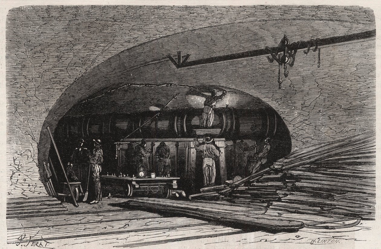 Las alcantarillas de París: curva de la tubería cerca del puente Saint Michel, plaza del Chatelet (Grabado en 