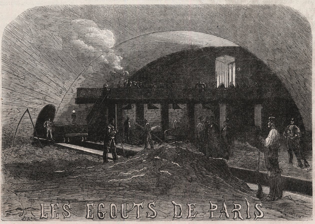 Las alcantarillas de París: la gran cámara y los talleres de forja del puente Notre Dame - Grabado en "Le Monde Illustré" de Unknown artist