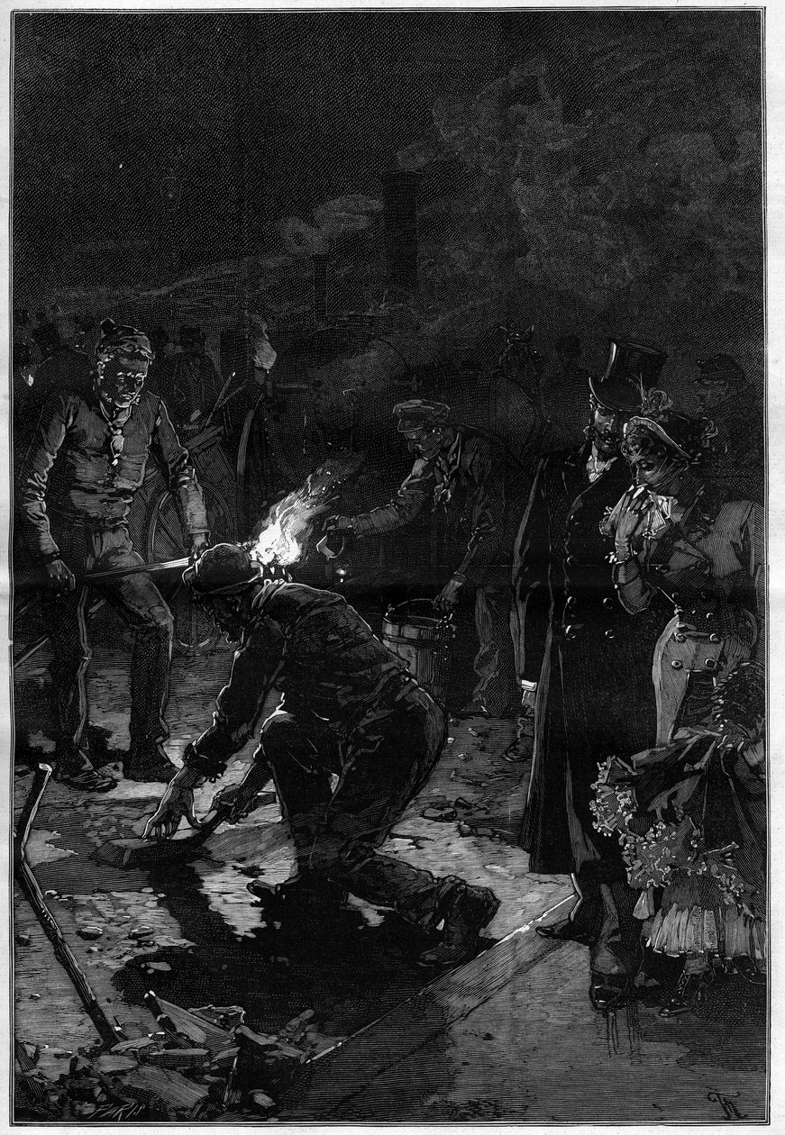Los obreros colocan el betún en los alrededores del teatro francés (Théâtre-Français o Comédie-Française) en las calles de París y realizan los trabajos del sitio durante la noche. Grabado en "Le Monde Illustré" de Unknown artist