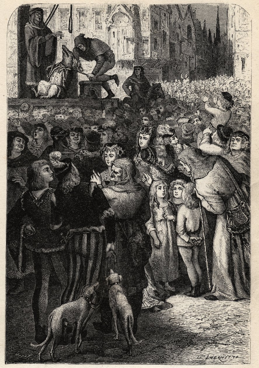 Los juicios de animales en la Edad Media - Ejecución de la cerda infanticida de Falaise - grabado de "El hombre y la bestia" de Arthur Mangin - 1872 - de Unknown artist