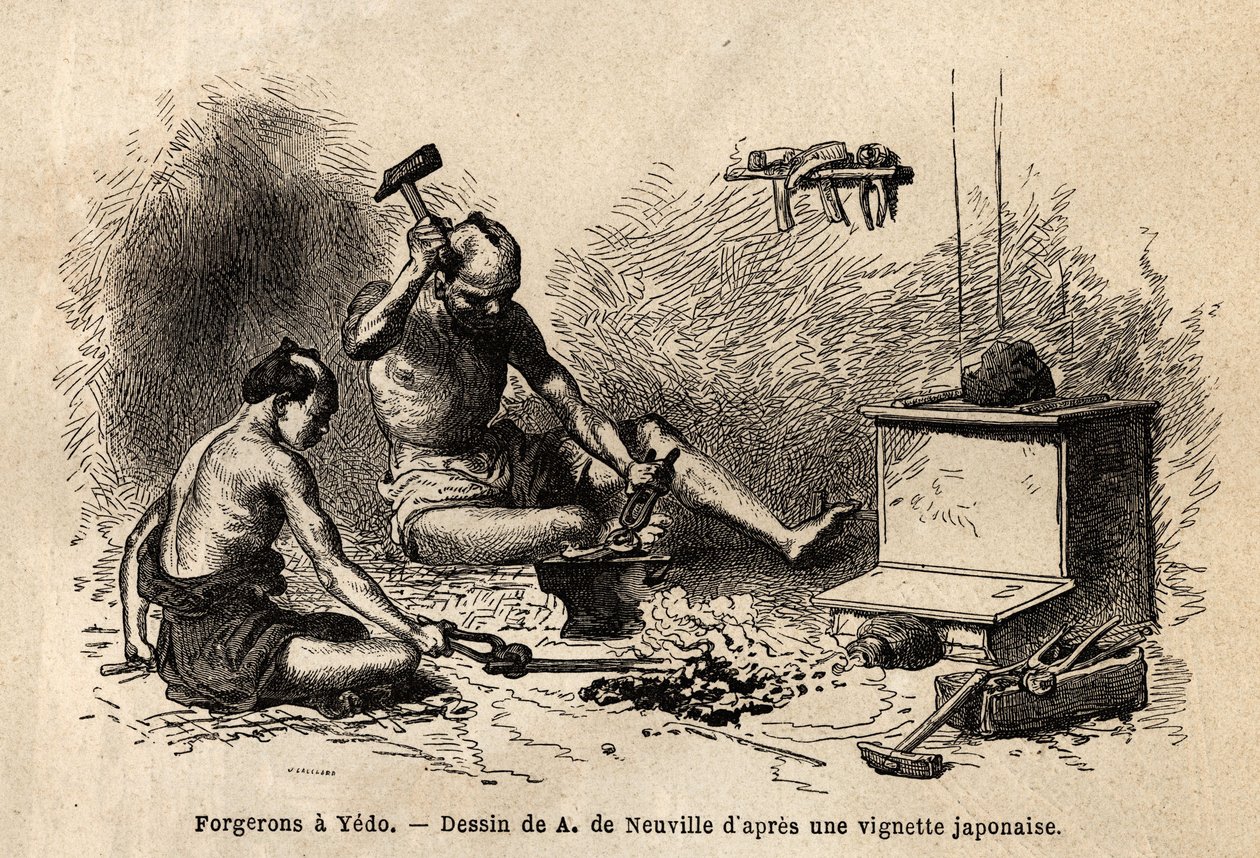 Los herreros frente a su fragua en Yedo (o Edo, capital imperial, actual Tokio). Grabado para ilustrar el viaje a Japón en 1863-1864, por Aime Humbert, ministro de la Confederación Suiza, en “Le tour du monde, nouveau journal des voyages” de Unknown artist