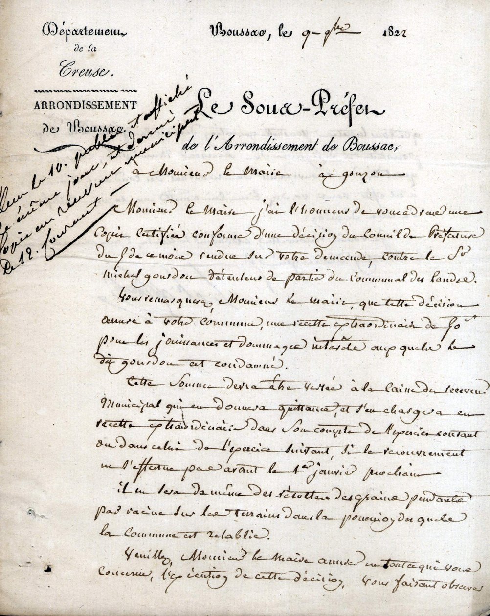 Carta del subprefecto de la Creuse (arrondissement de Boussac) al alcalde de Gouzon, 9 de septiembre de 1822 de Unknown artist
