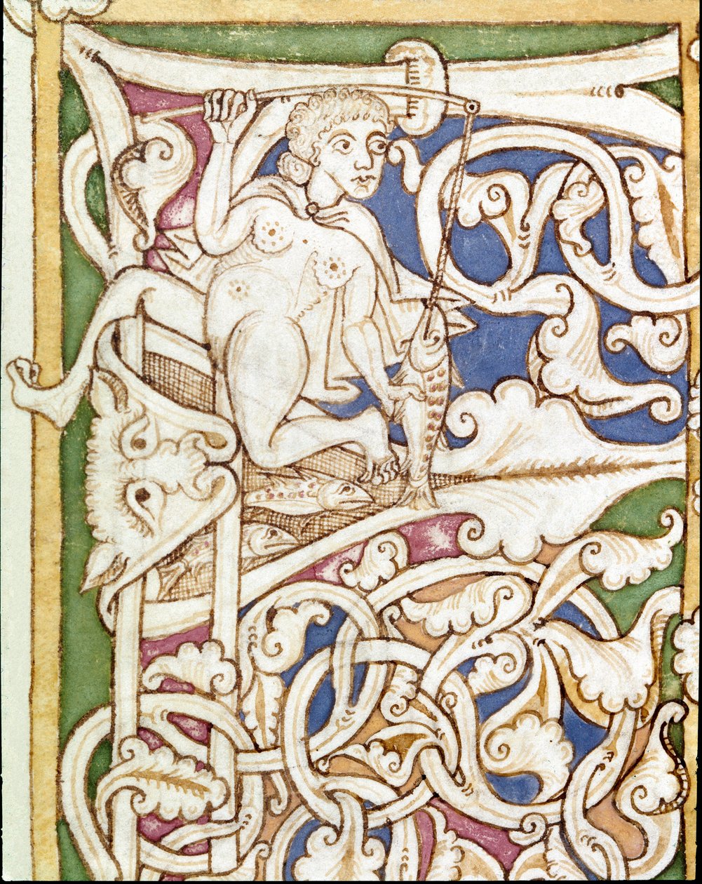 Letra P decorada con la representación de una mujer pescando un pez. Miniatura de una Biblia (Antiguo Testamento) de Unknown artist