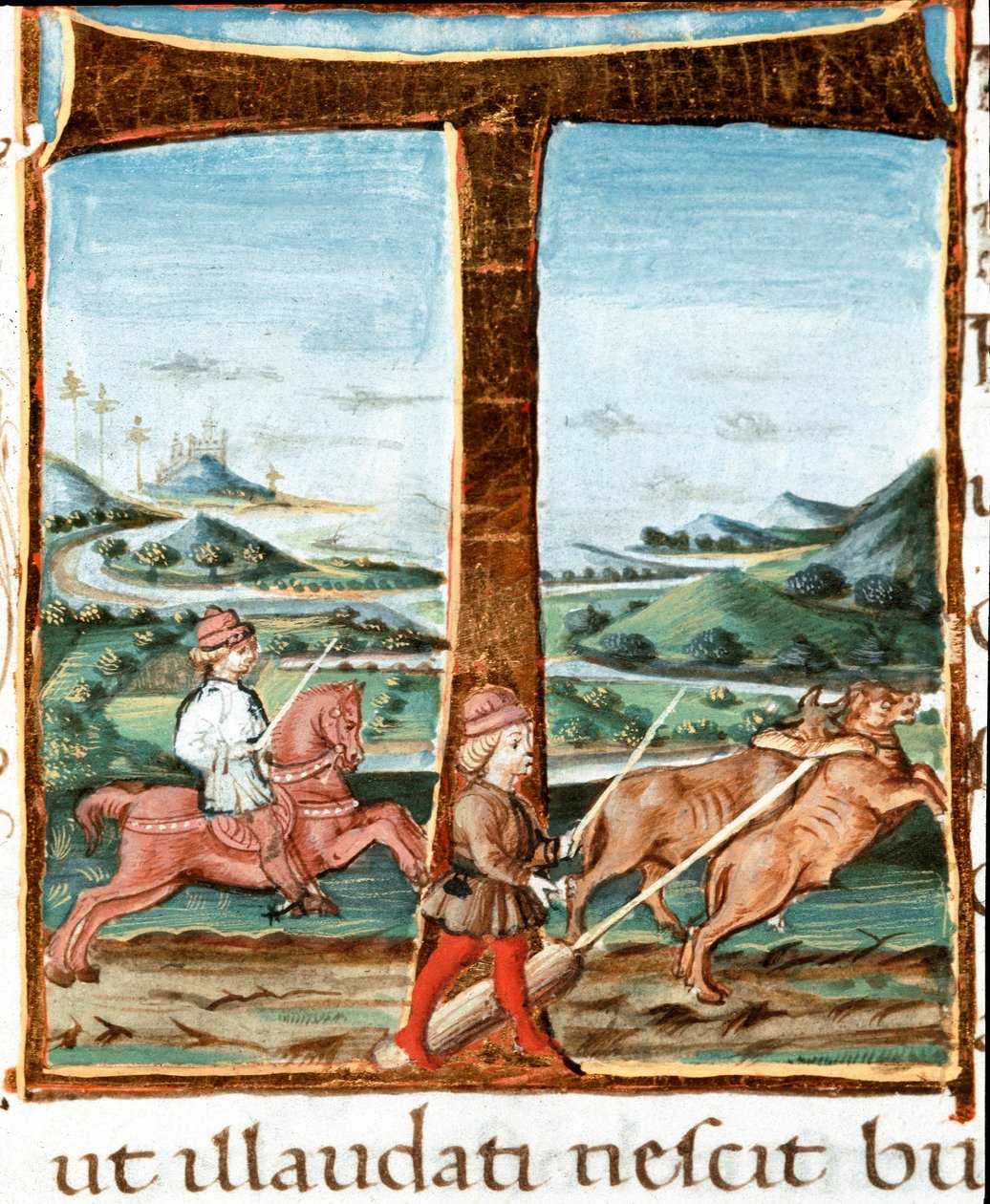 Letra T decorada con un jinete y un entrenador de bueyes - Miniatura tomada de “Las bucólicas” (Églogas) de Virgilio (Publio Virgilio Marón) (70-19 a.C.). Siglo XV, Nápoles, Biblioteca Nacional de Unknown artist
