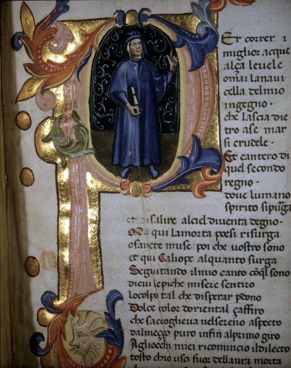 Letra capital "p" de un manuscrito de la "Divina Comedia". Inicio del "Purgatorio". Iluminación que representa a Dante Alighieri. Siglo XIV. Braidense. de Unknown artist