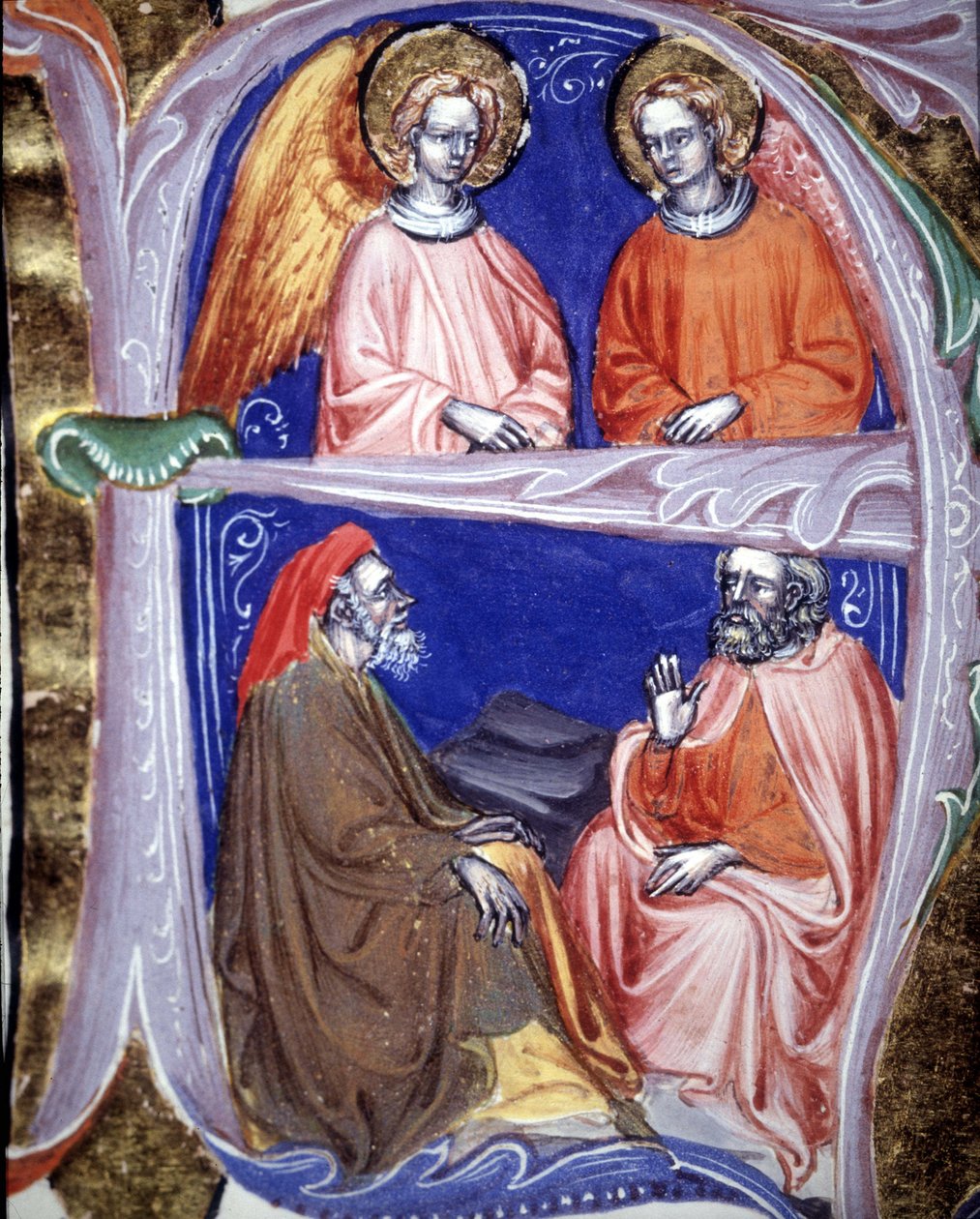 Letra capital que representa ángeles y filósofos que discuten - en De civitate dei de San Agustín. Manuscrito del siglo XIV. Biblioteca Municipal de Rímini. de Unknown artist