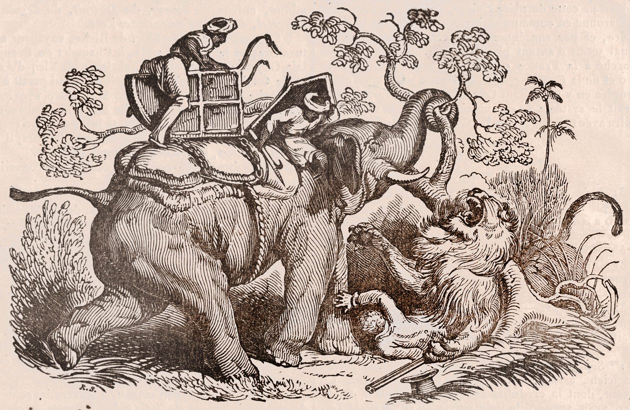Escena de caza de leones: el cazador, tumba del elefante, ahora está en las garras del león de Unknown artist