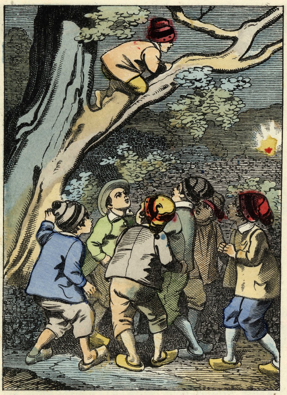 Pulgarcito sube a un árbol y busca su camino. Está recogiendo una luz en el bosque. Ilustración del cuento de Charles Perrault “Pulgarcito”. de Unknown artist
