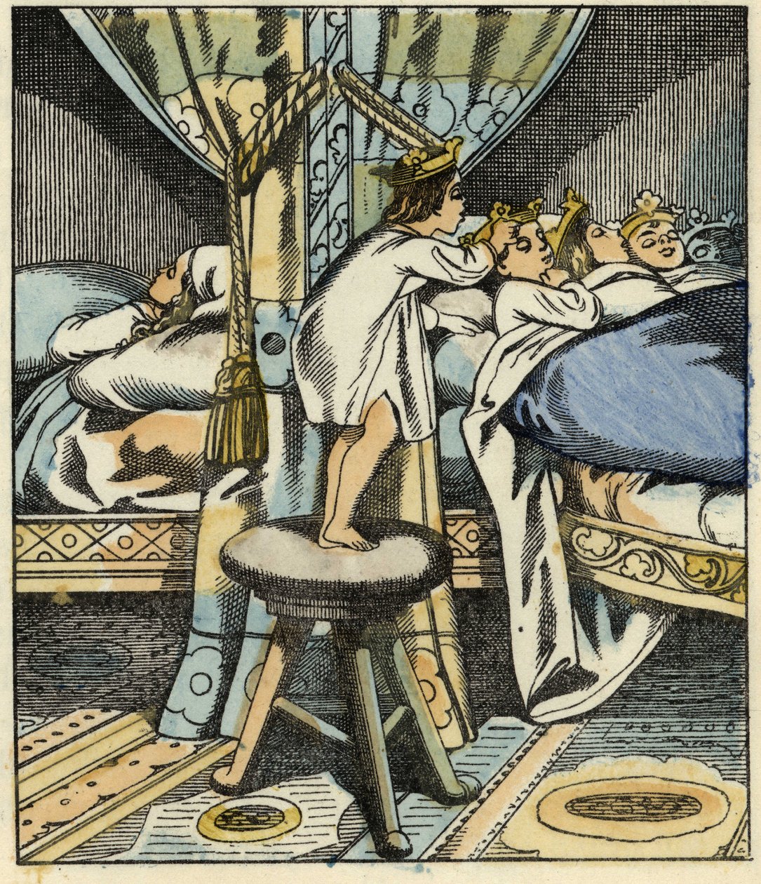 Pulgarcito pone las coronas de las siete hijas del ogro en la cabeza de sus hermanos. Ilustración del cuento "Pulgarcito" de Charles Perrault de Unknown artist
