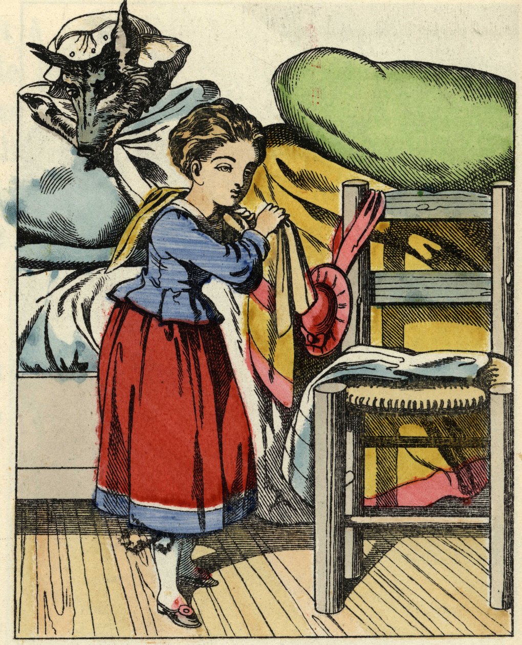 Caperucita Roja en la casa de su abuela. Ilustración del cuento "Caperucita Roja" de Charles Perrault de Unknown artist