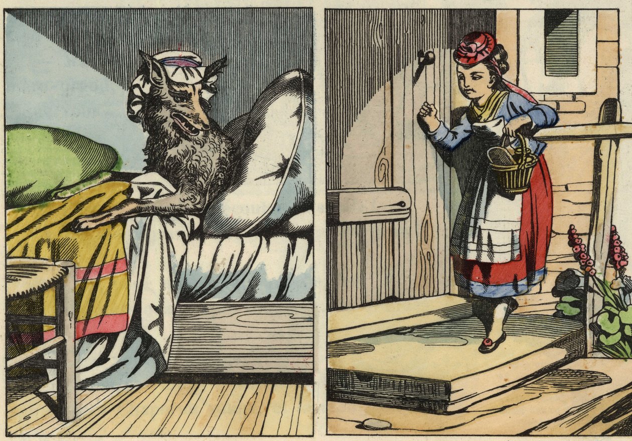 Caperucita Roja llama a la puerta de su abuela. Ilustración del cuento “Caperucita Roja” de Charles Perrault de Unknown artist