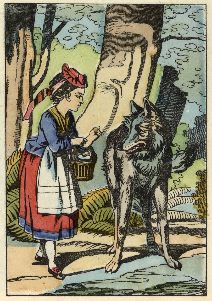 Caperucita Roja se encuentra con el lobo en el bosque. Ilustración del cuento “Caperucita Roja” de Charles Perrault de Unknown artist