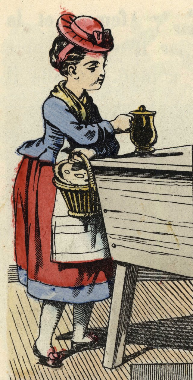 Caperucita Roja pone comida para su abuela en la huche. Ilustración del cuento “Caperucita Roja” de Charles Perrault de Unknown artist