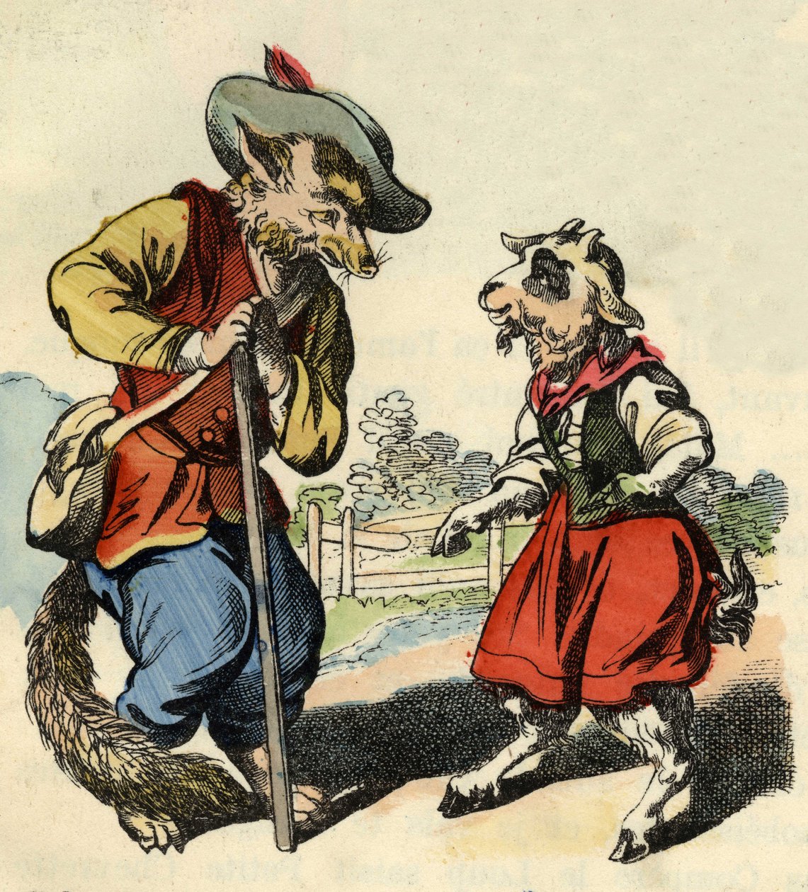 El cabrito habla con el Maestro Zorro. Ilustración del cuento “Bon Médor y la Pequeña Cabra”. En “Cuentos del hogar para los pequeños”. Grabado anónimo del siglo XIX. de Unknown artist