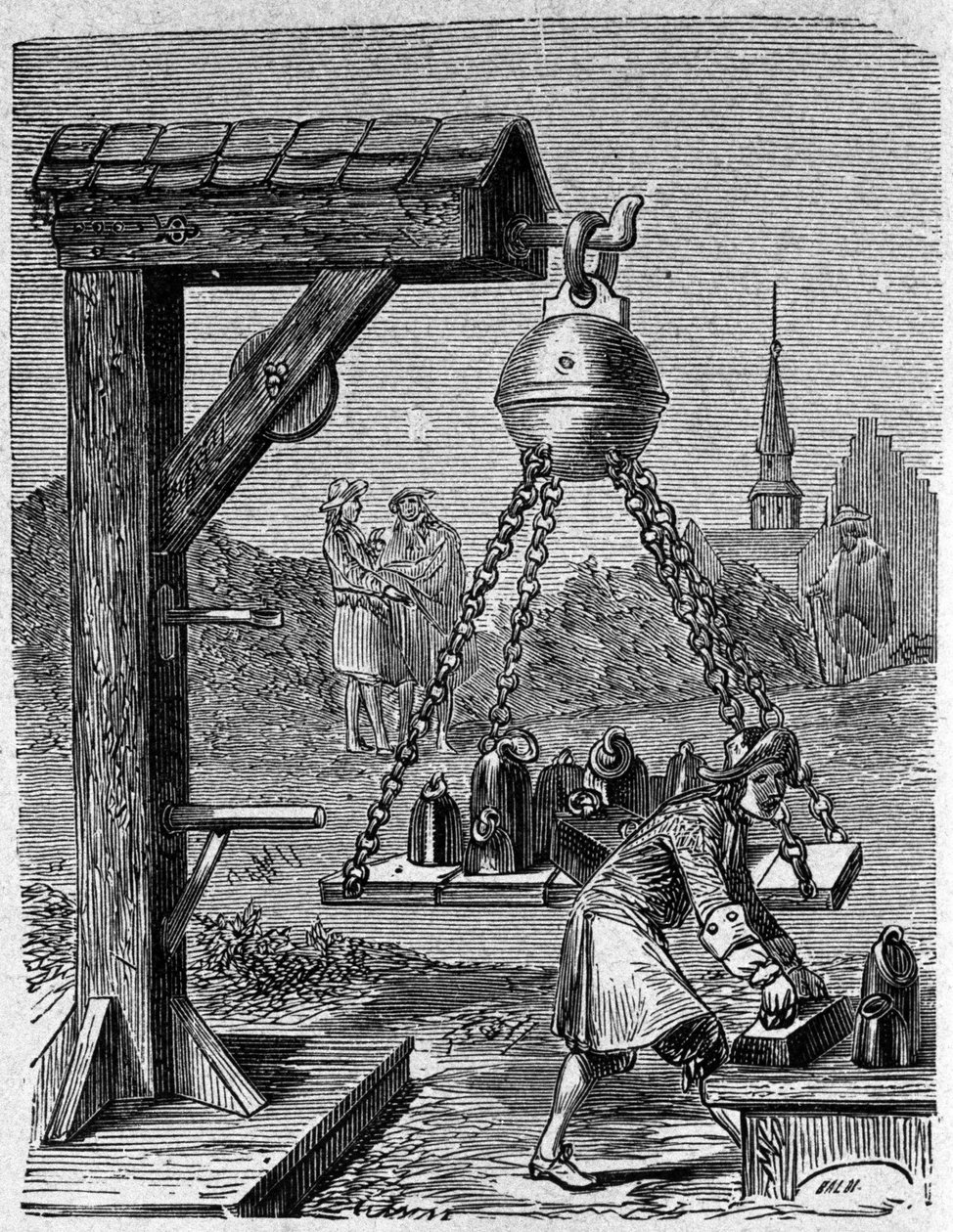 Carga de hemisferios suspendidos de Magdeburgo. Grabado de “Ottonis de Guericke: Experimenta Nova Magdeburgica de vacuo spatio” de Otto von Guericke de Unknown artist