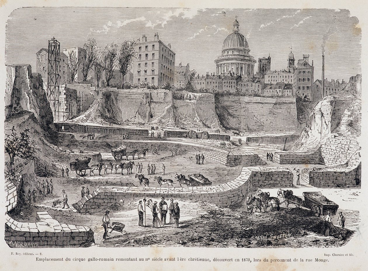 Ubicación del circo galo-romano que data del siglo III antes de la era cristiana, descubierto en 1870, durante la perforación de la Rue Monge de Unknown artist