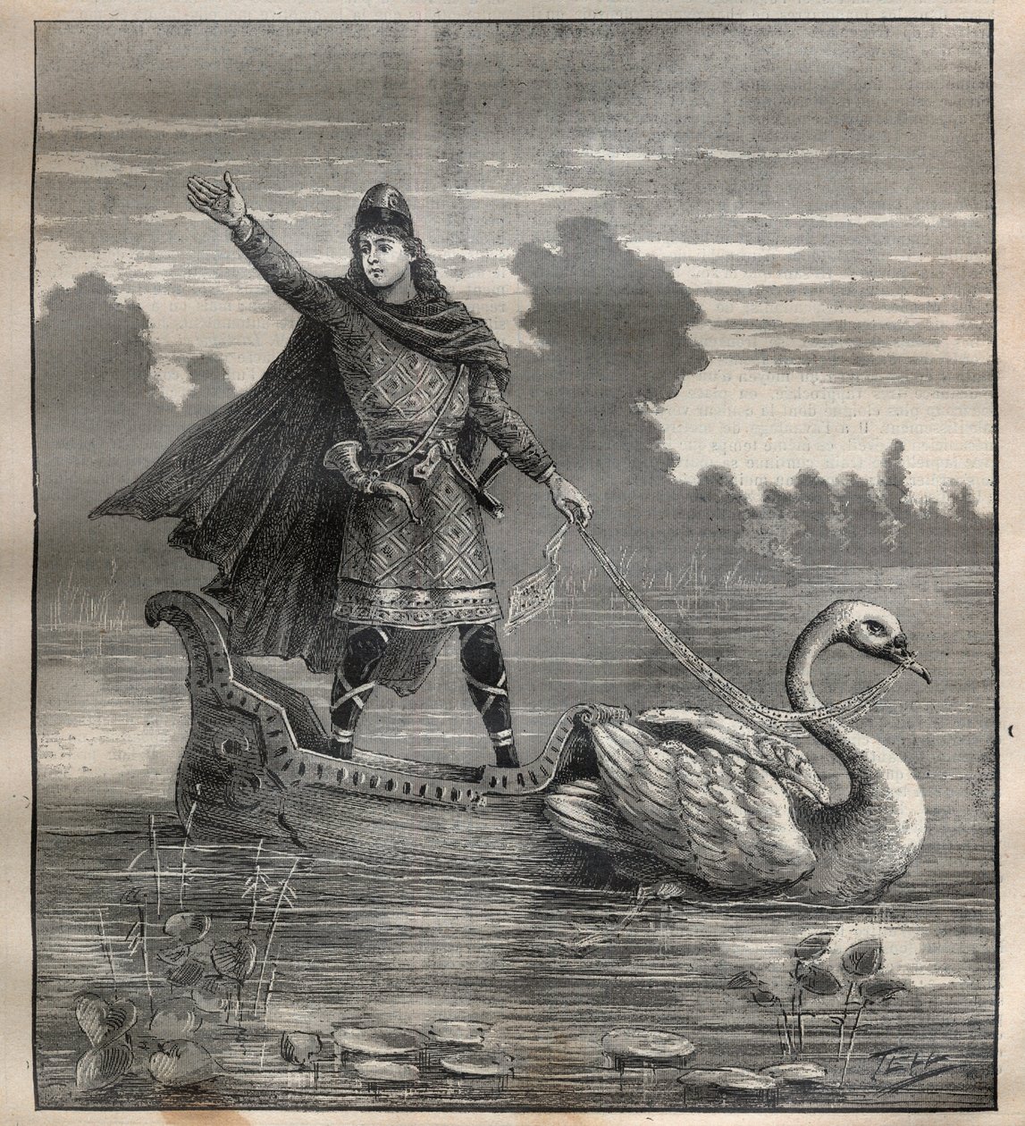 Lohengrin en una góndola tirada por un cisne, escena de la ópera “Lohengrin” de Richard Wagner - Grabado en “La Ciencia francesa” de Unknown artist