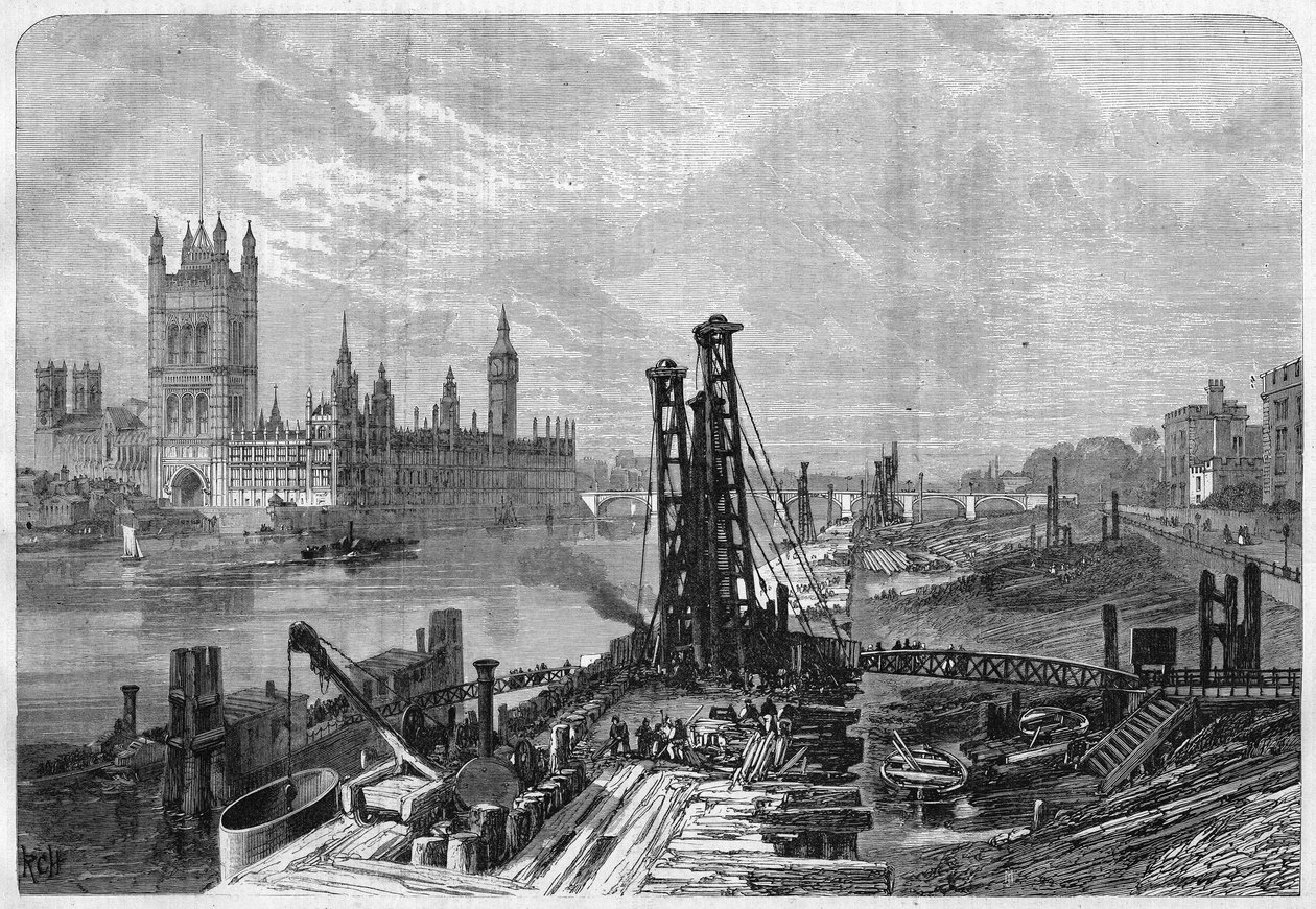 Londres, construcción de muelles en la orilla sur del Támesis, frente a la ciudad administrativa de Westminster en la orilla norte. En “L