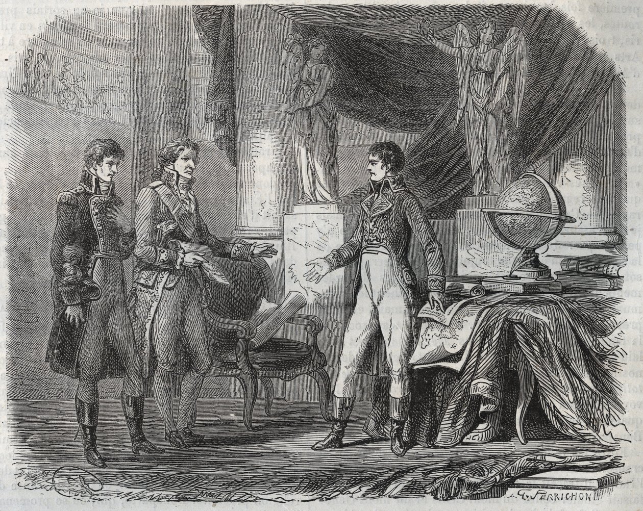 Lord Cornwallis (1738-1805) negociando el Tratado de Amiens (1802) con Napoleón Bonaparte (1769-1821) - la Paz de Amiens, Francia - Tratado firmado en marzo de 1802 que puso fin a las Guerras Revolucionarias de Unknown artist