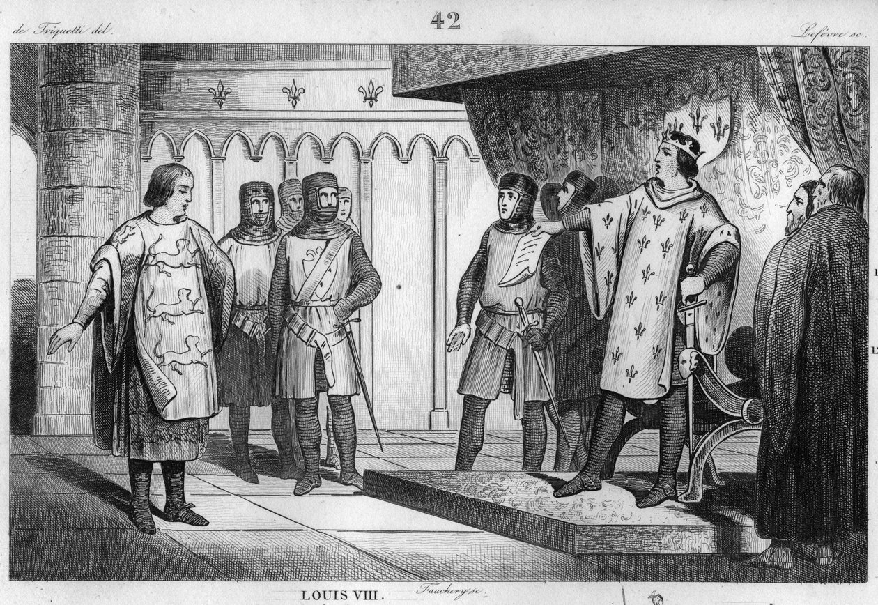 Luis VIII el León recibe un enviado de su enemigo Enrique III de Inglaterra - Luis VIII llamado “El León”, dinastía de los Capetos, responde con orgullo y firmeza a un enviado del rey de Inglaterra Enrique III - Grabado de 1 de Unknown artist