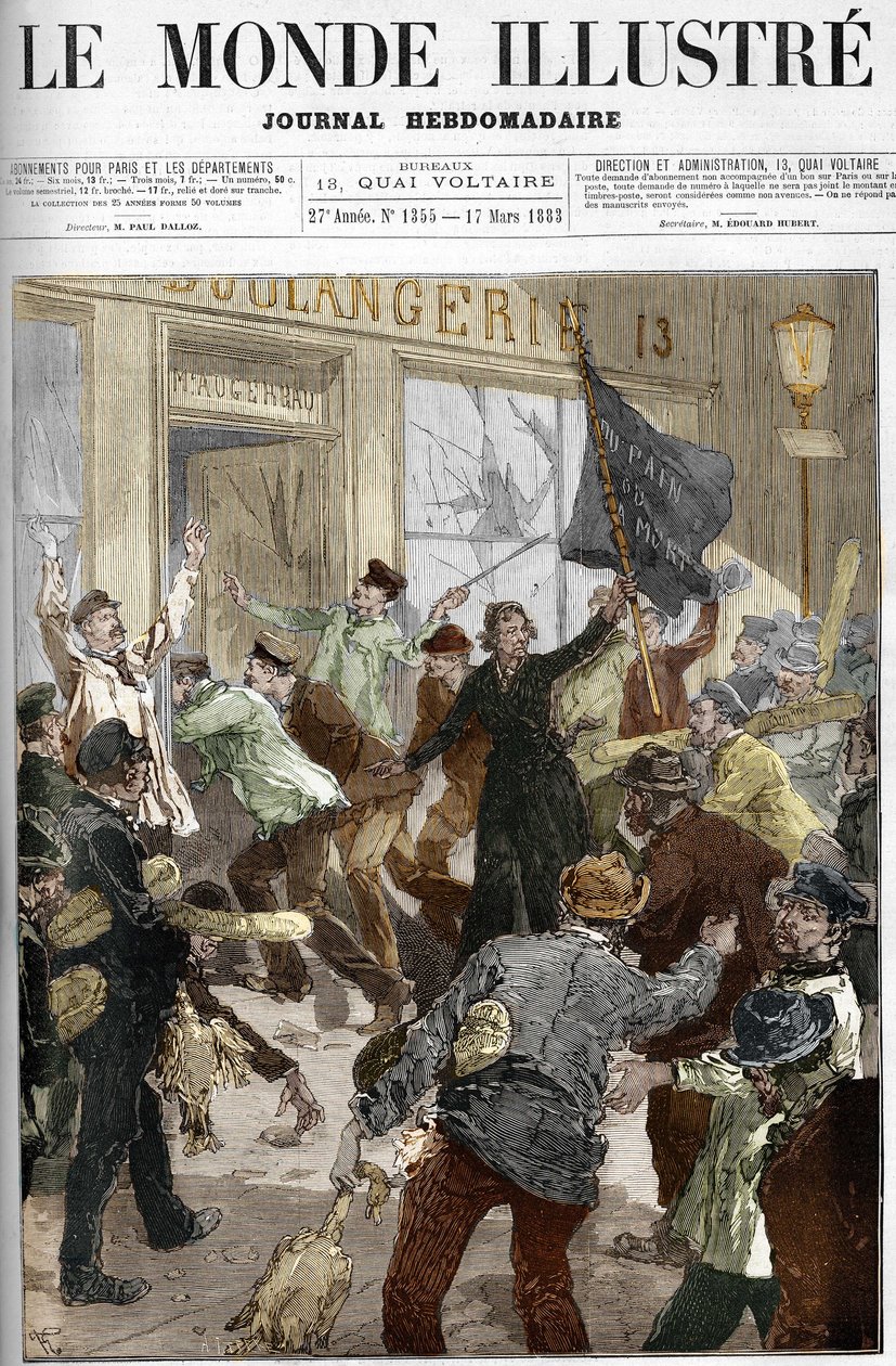 Louise Michel (1833-1905), revolucionaria francesa, ondeando una bandera negra con la inscripción 