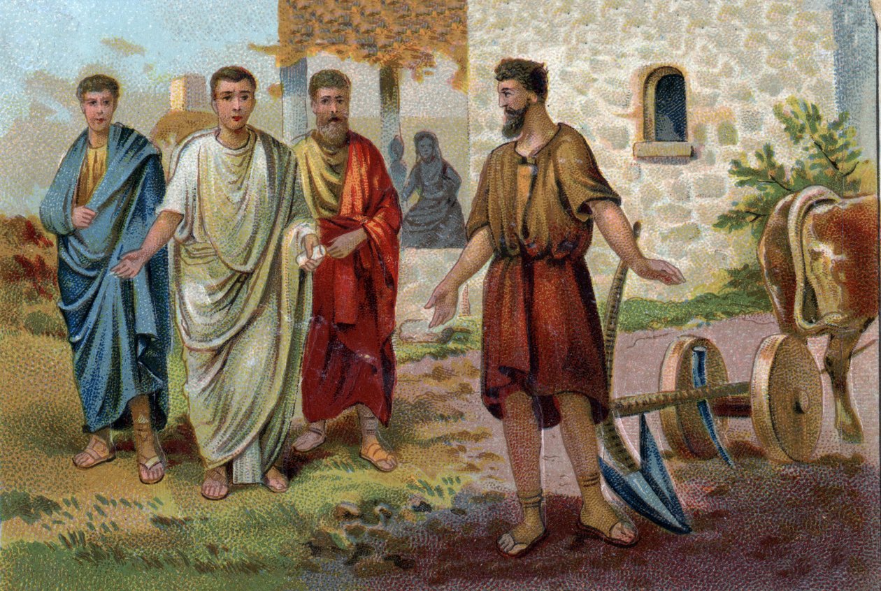 Lucio Quincio Cincinato (v.520/v.430 a.C.), cónsul romano, comprometido en tareas agrícolas cuando los senadores (Senado del Imperio Romano) vinieron a rogarle que aceptara el mando supremo y se convirtiera en dictador de Roma en 458 a.C. Cromolitografía a de Unknown artist