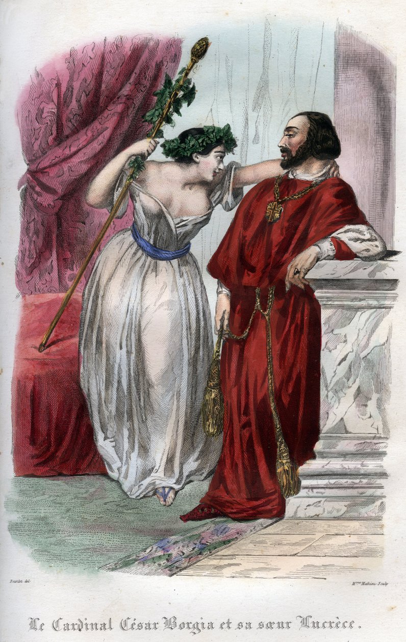 Lucrecia Borgia (1480-1519) con su hermano César Borgia. Grabado de 1842 en "Histoire des popes: crimes, murders, poisonings, parricides, adulteres, incest..." por Maurice Lachatre. Colección privada. de Unknown artist