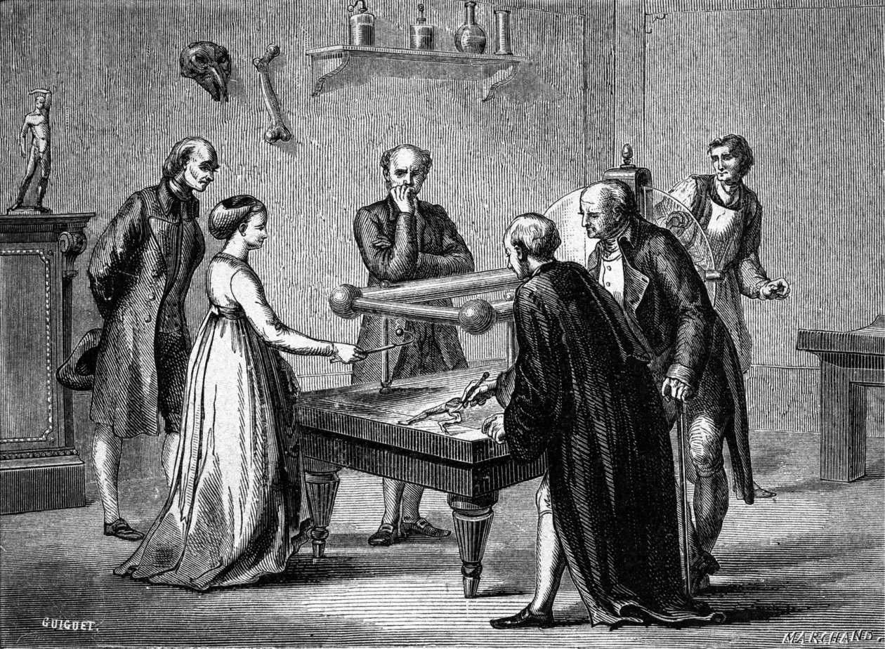 Luigi Galvani, profesor en Bolonia, descubrió en 1780 la irritabilidad de los músculos de la rana por electricidad. Grabado del siglo XIX. de Unknown artist