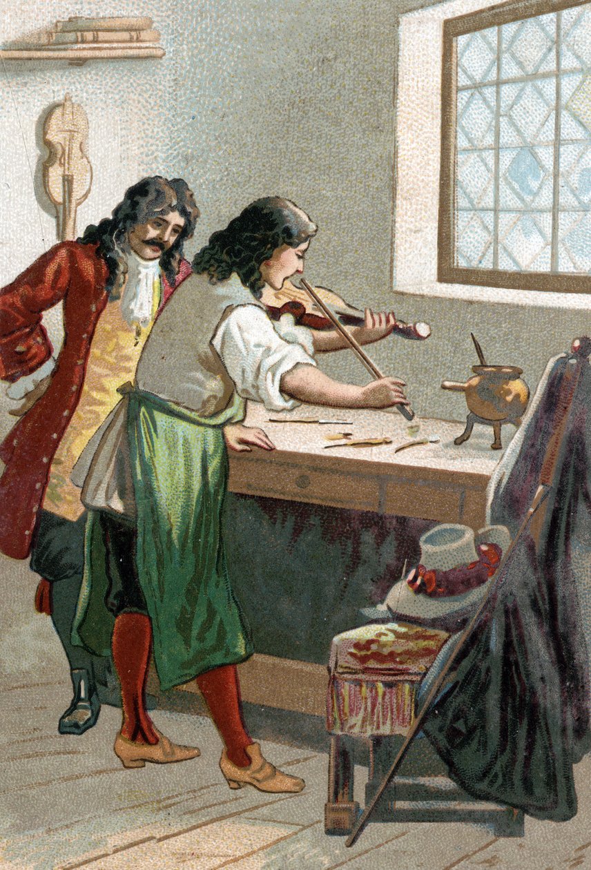 Luthier Stradivarius (Antonio Stradivari) (1644-1737) en su taller. Cromolitografía del siglo XIX de Unknown artist