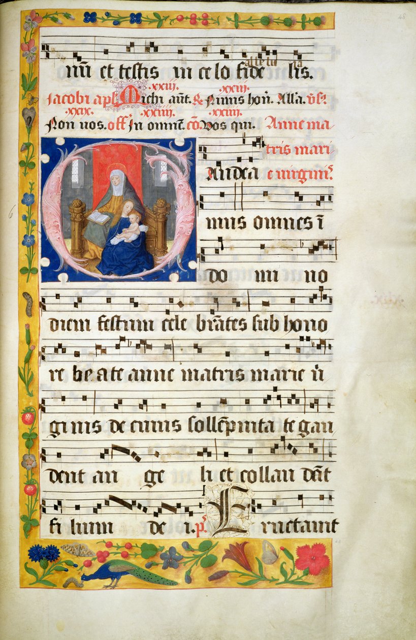 MS.McC.57. f.48r Santa Ana en trono, leyendo, la Virgen con el Niño sentado ante ella, inicial de una antífona, finales del siglo XV de Unknown artist