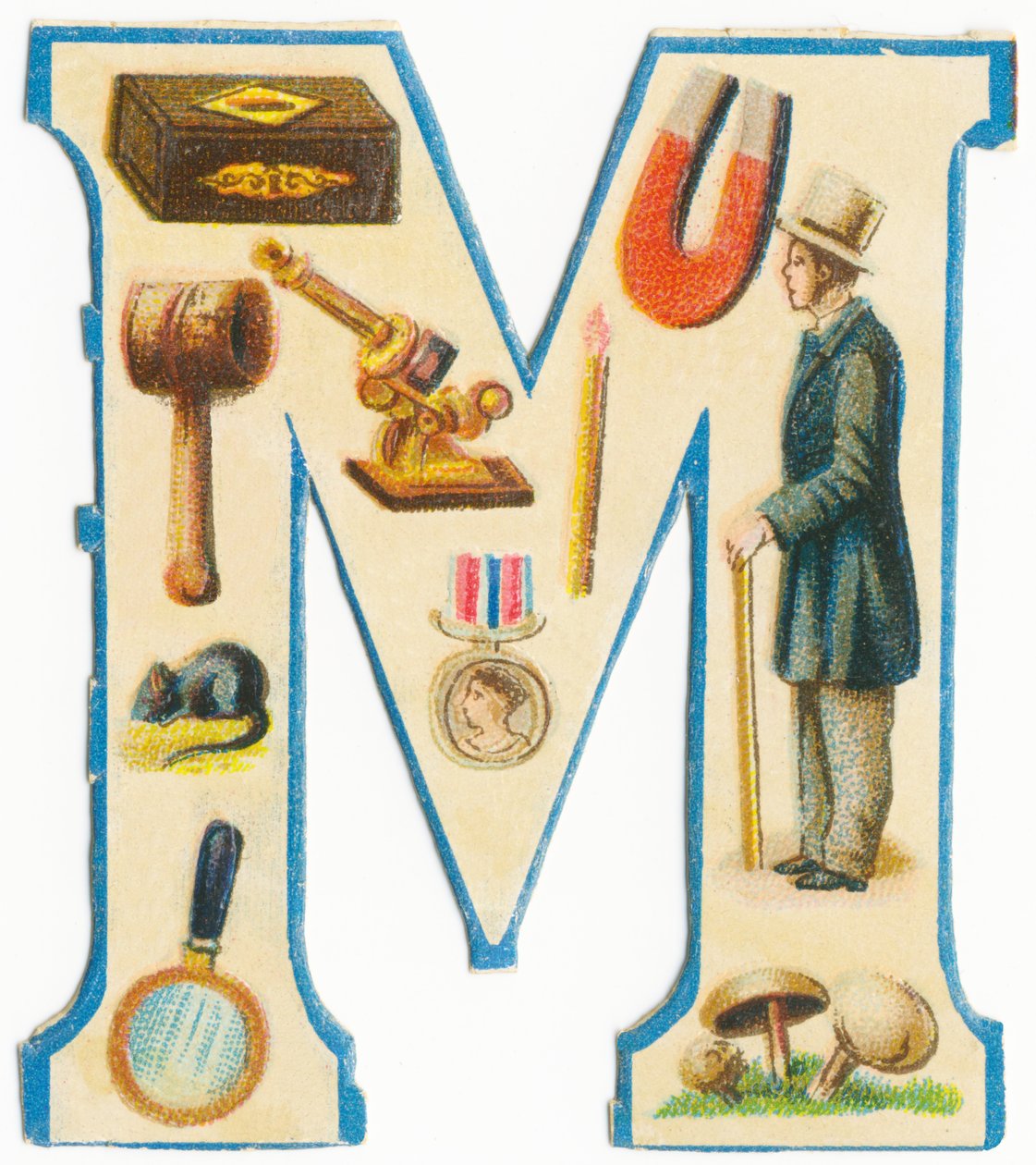 M: cerillas, imán, mazo, microscopio, ratón, medalla, hombre, lupa, setas de Unknown artist