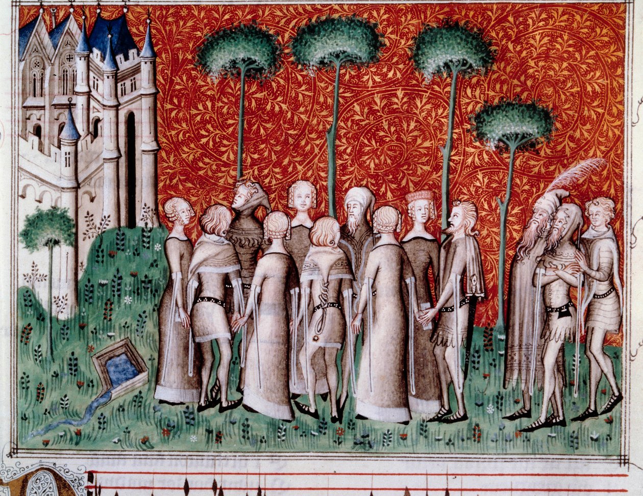 Machaut encontrando a su dama. Miniatura de una partitura en “Remede de Fortune” (Folio 51) de Guillaume de Machaut (v. 1300-1377), circa 1350-1355 de Unknown artist